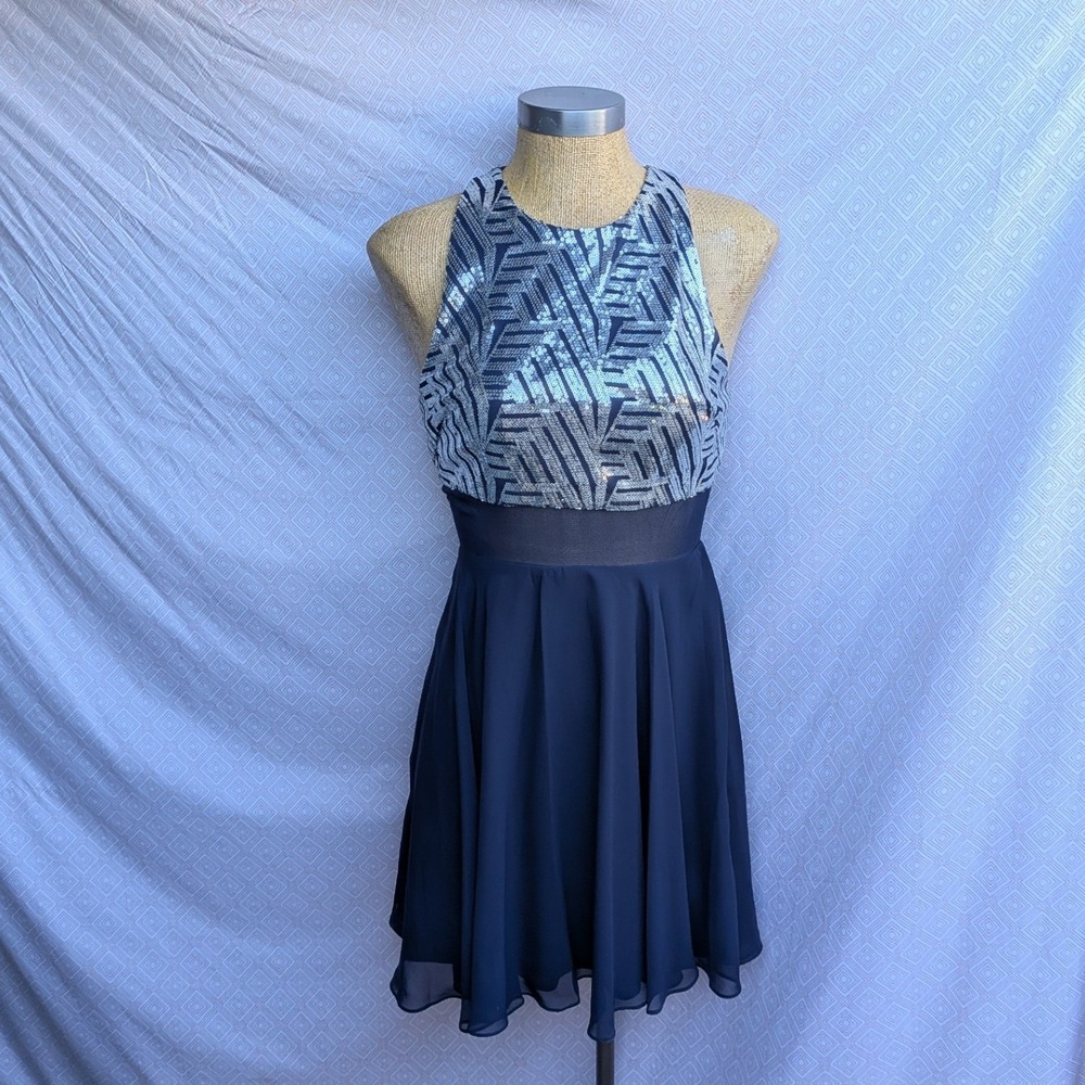 Speechless Fit & Flare Dress Women Navy Excellent Sequin Mesh Halter Sleeveless